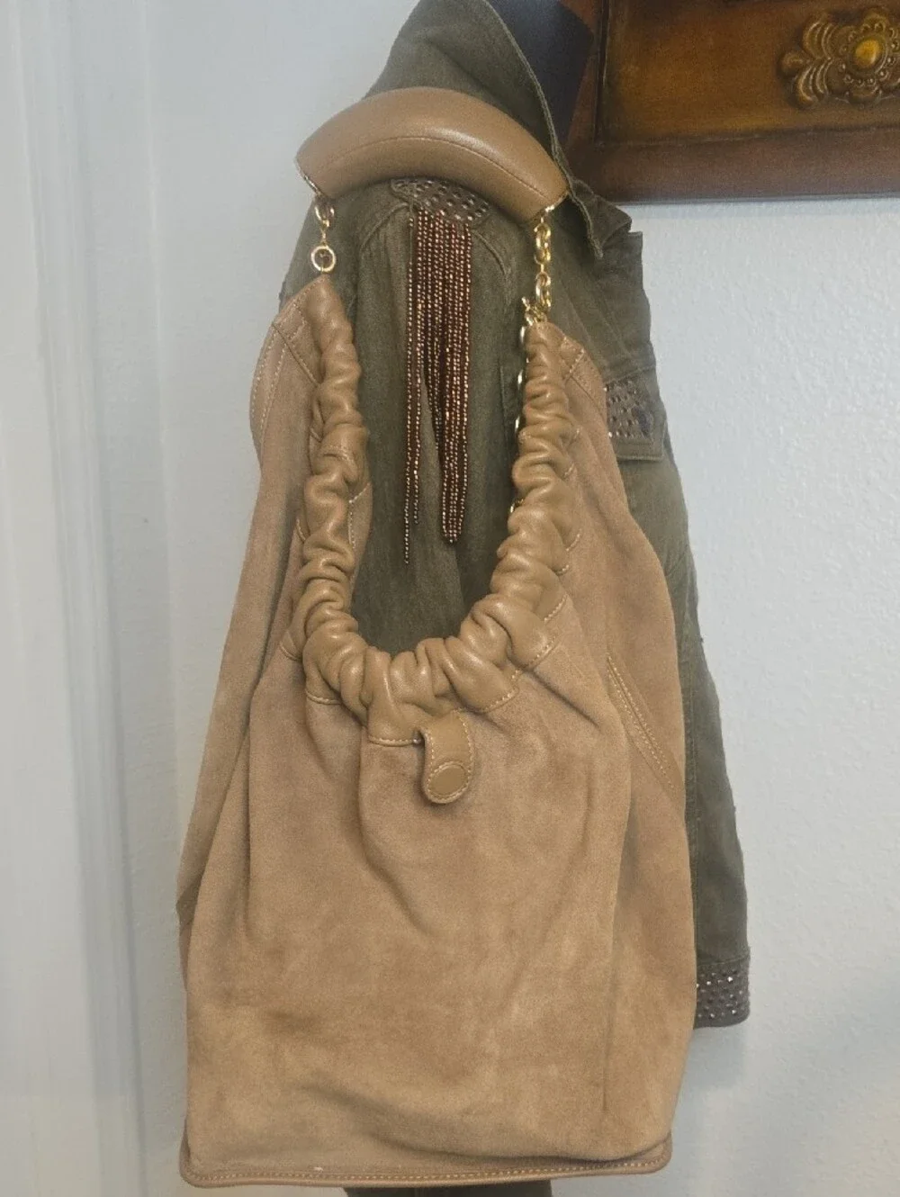 Loewe Camel Tan Leather & Suede Hobo with Gold Chain